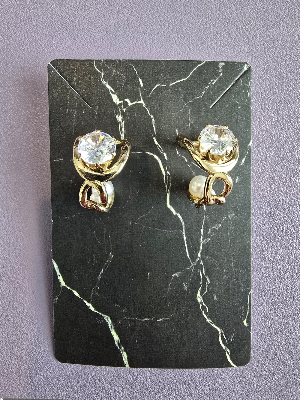 Gold Tone Pearl & Cubic Zirconia Huggie Earrings - Elegant Women's Jewelry